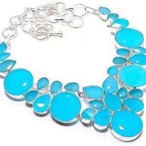 A1 Blue Chalcedony Cab Gemstone Handmade German Silver Jewelry Necklace Size 18"